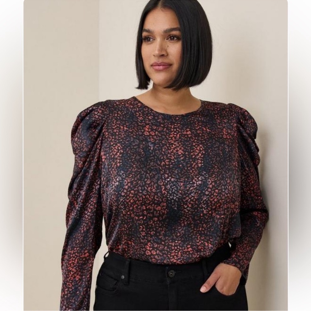 Torrid satin puff long sleeve top leopard brown